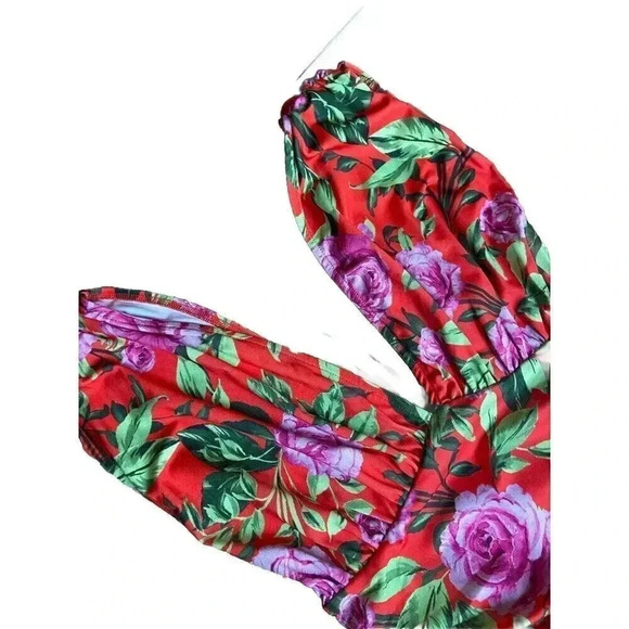 NWT ZARA Womens Bodysuit Size Small Red Floral Stretch Deep V Neck Sleeveless - Picture 2 of 9